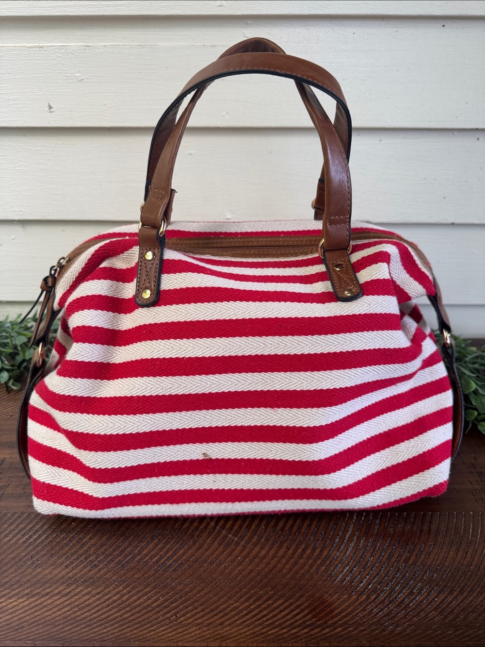 B Bag Striped Red and White Canvas Tote with Brown Leather Handles